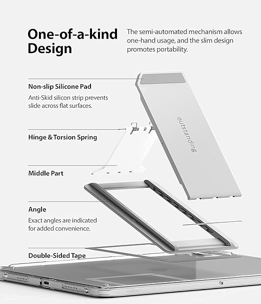 Ringke Outstanding Universal Tablet Stand Spring-Action Kickstand Multi Angle Adhesive Attachment for iPad Tablets, E-Reader, and More - Light Gray