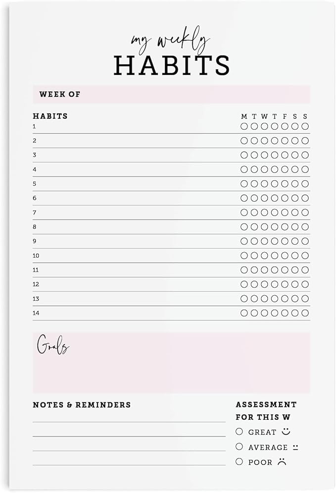 CARDAMONOLY Habit Tracker Notepad in Black and Light Pink- 50 Page Tear Off Planning Pad - 6 x 9 - High Performance Planner - Chore Chart for Adults - Weekly Planner Undated - Self Care Planner