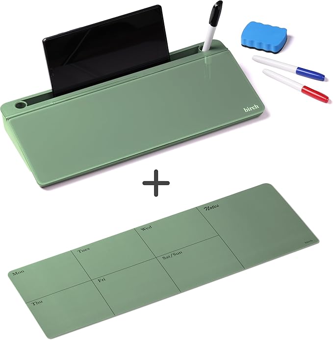 Birch Small Desktop Glass Whiteboard & Magnetic Calendar – Dry Erase Desk Pad Keyboard Stand with Storage, Adjustable Dividers, 3 Markers & Holder – Office, Home & School (Moss)