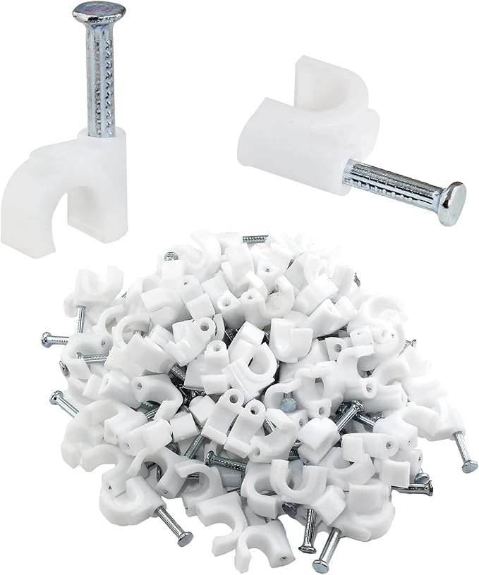 100Pcs Nail Cable Clips with Steel Nail, 6mm White Cable Wire Management Clips for Ethernet Cable, Telephone Cable, TV Wire Cable, Print Cable