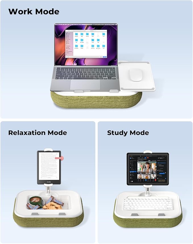 Viozon Kindle Pillow Stand Holder, Phone Holder for Bed, Laptop Lap Desk with Mouse Pad,Compatible with 4.7-13" Kindle/Tablet/Phone,10-15" Laptop, Snack Bowl&Cup Attachment&Detachable 360° Stand Arm