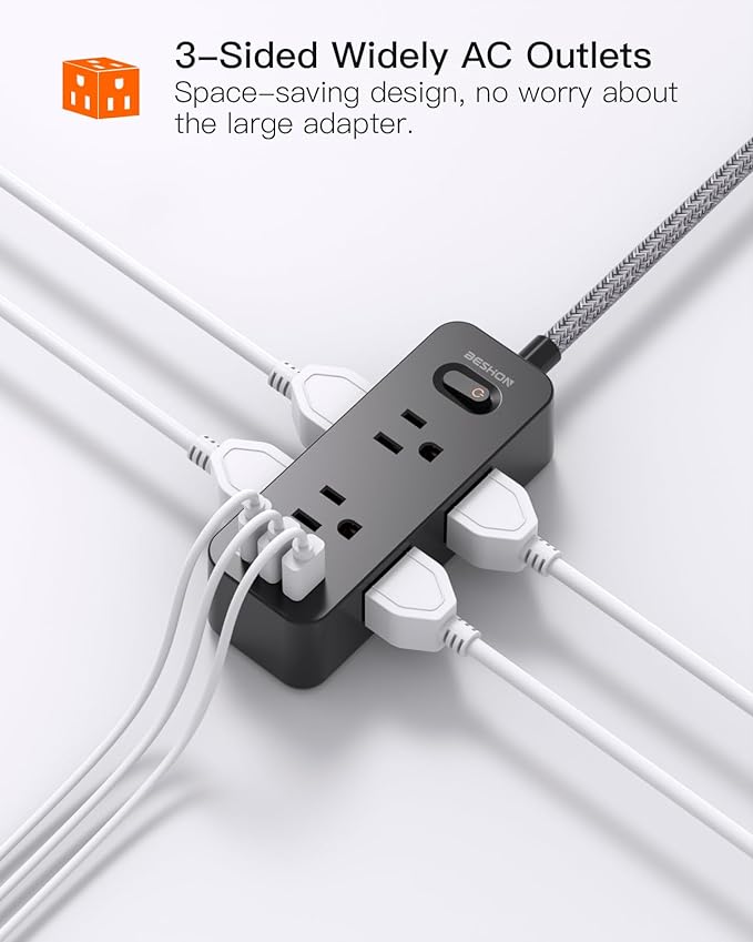 10 FT Black Extension Cord, BESHON Surge Protector Power Strip with 6 Outlets 3 USB Ports(1 USB C), 3-Side Outlet Extender, Flat Plug, Wall Mount for Home, Office, Travel, and Dorm Essential