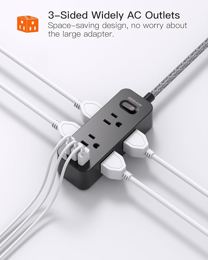 Black Power Strip Surge Protector, BESHON 5Ft Extension Cord, 6 Outlets with 3 USB Ports(1 USB C Outlet), 3-Side Outlet Extender, Wall Mount, Compact for Travel, Home, College Dorm Room, and Office