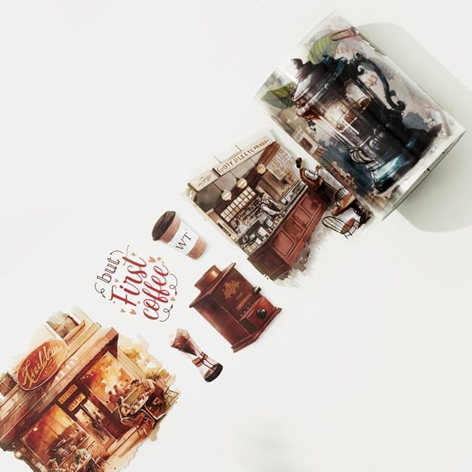 WT Caffeine Canvas Wide PET Tape, Single Roll, Original Designs, Watercolor Vintage Cafe Decorative Transparent Tape, Journal Scrapbook Bujo Planner DIY Craft Supplies, Coffee Theme