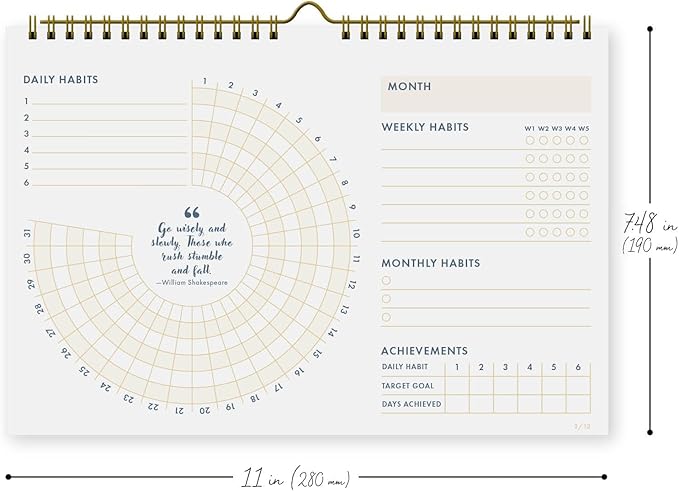 Undated Monthly Habit Tracker Calendar – Minimalist Spiral Wall Planner for Goals, Productivity & Self-Care, Daily/Weekly/Monthly Tracking, Wire-O Hanger, Thick 200 gsm Paper, Neutral Design