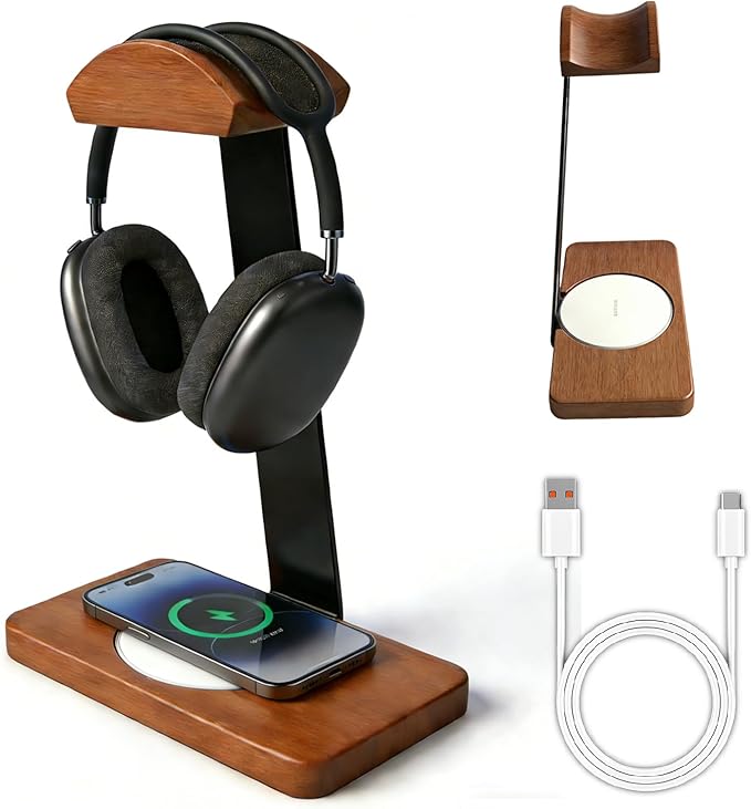 Solid Wooden Headphone Holder with Fast Wireless Charging Pad, Universal Headset Stand for Gaming Desk, Headphone Rack Wireless Charger Compatible with iPhone Samsung with QI Function (White