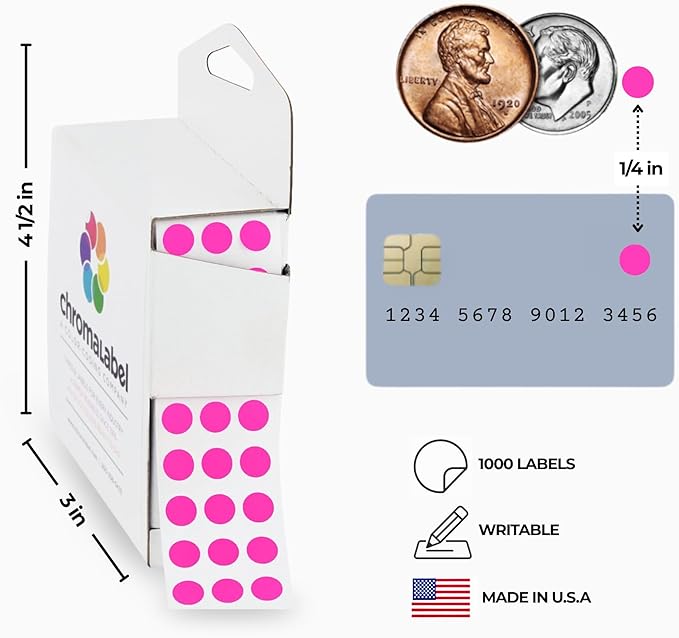 ChromaLabel 1/4 Inch Fluorescent Pink Circle Stickers, Round Colored Labels, Colored Dot Stickers with Dispenser Box, Round Color Coding Labels, 1000 Sticky Dots, Fluorescent Pink