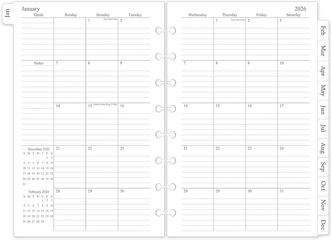 2026 Monthly Planner Refill, A5 Medium Size Planner Inserts for 8-Disc Discbound, 5.5"x8.5", Jan. 2026 - Dec. 2026, 12 Monthly Calendars with Laminated Tabs