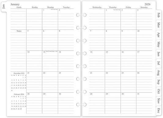 2026 Monthly Planner Refill, A5 Medium Size Planner Inserts for 8-Disc Discbound, 5.5"x8.5", Jan. 2026 - Dec. 2026, 12 Monthly Calendars with Laminated Tabs