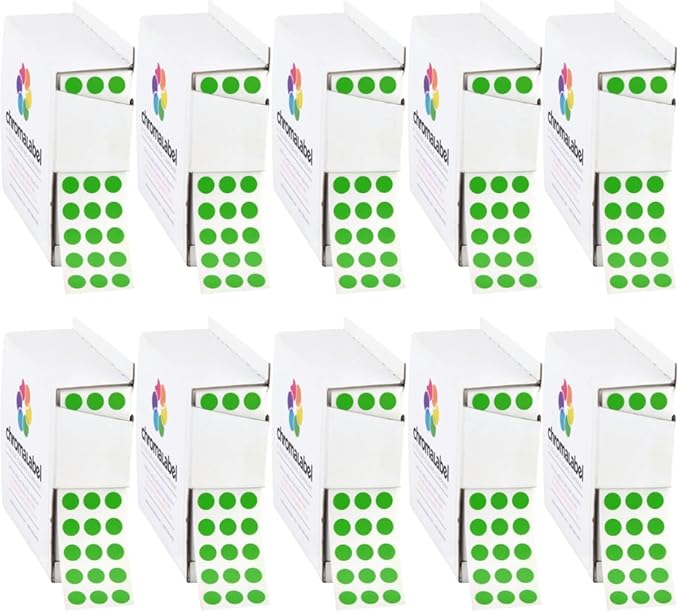 ChromaLabel 1/4 Inch Round Green Stickers, Small Green Dot Stickers for Arts and Crafts, Circle Labels - 1000 Color Coding Labels per Dispenser Box, Case of 10