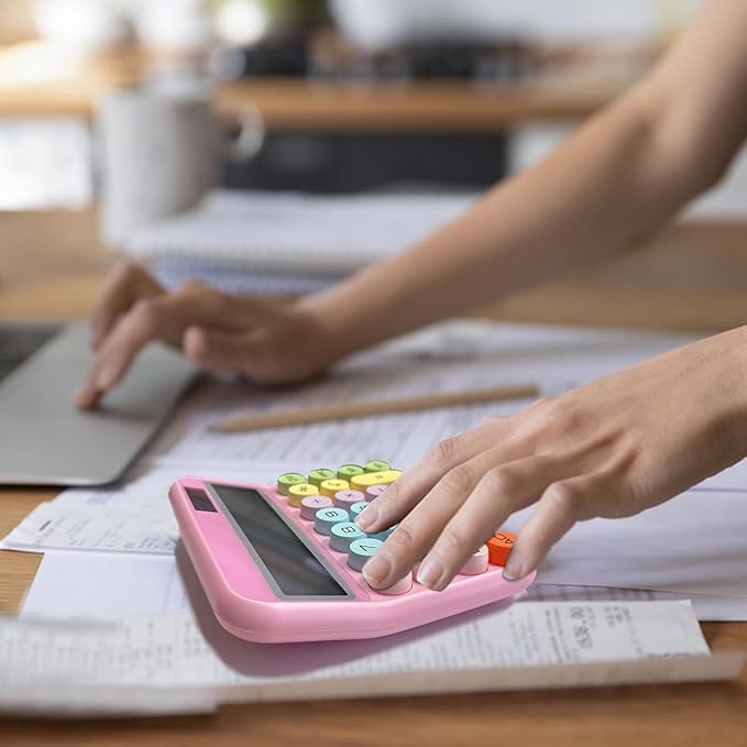 Pink Calculator, Standard Calculator 12 Digit with Large LCD Display and Big Buttons,Pink Office Accessories for Women Desk, Cute for Office,School, Home, Business(Colorful Pink)