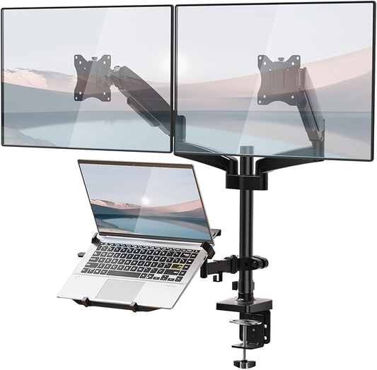 WALI Laptop Mount and Dual Monitor for Max 32" Monitor and 17" Laptop, Adjustable Spring Arm with Tilt, Swivel and Rotation, Dual Monitor and Notebook Stand with VESA 75/100mm(GSDM003LP), Black