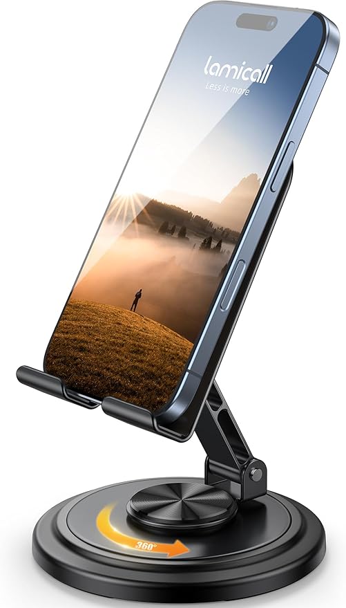 Lamicall Cell Phone Stand for Desk - [360° Rotation] Sturdy Adjustable Desktop Phone Holder, Foldable Mobile Stand, Office Desk Accessories Gifts for iPhone 17 16 15 14 Pro Max, Galaxy S25, Cellphone