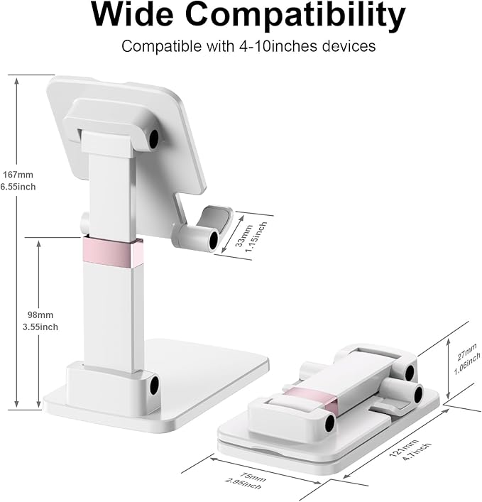 Phone Holder for Desk Cell Phone Holder Height Angle Adjustable Stands, Anti-Slip Base, Compact Design for iPhone Android Devices,White,2Pack