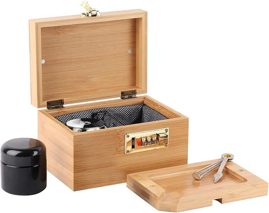 OZCHIN Large Bamboo Box with Combination Lock Decorative box for Home Great Gift Choice Storage Lockbox with Storage Jar, Christmas Gifts for Men Women (Brown, 6.7 x 4.7 x 4 inches)