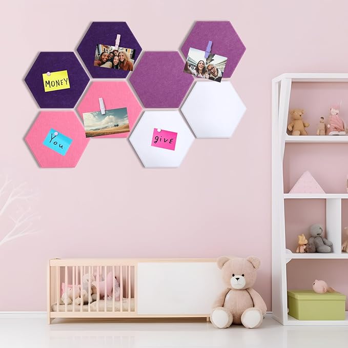 8 Pcs 12" Large Hexagon Felt Cork Board Tiles Self Adhesive DIY Bulletin Board Pin for Office Home Wall Decor Stickers Memos Photos Display with 10 Multi-Color Clip Drawing Pins(Pink)