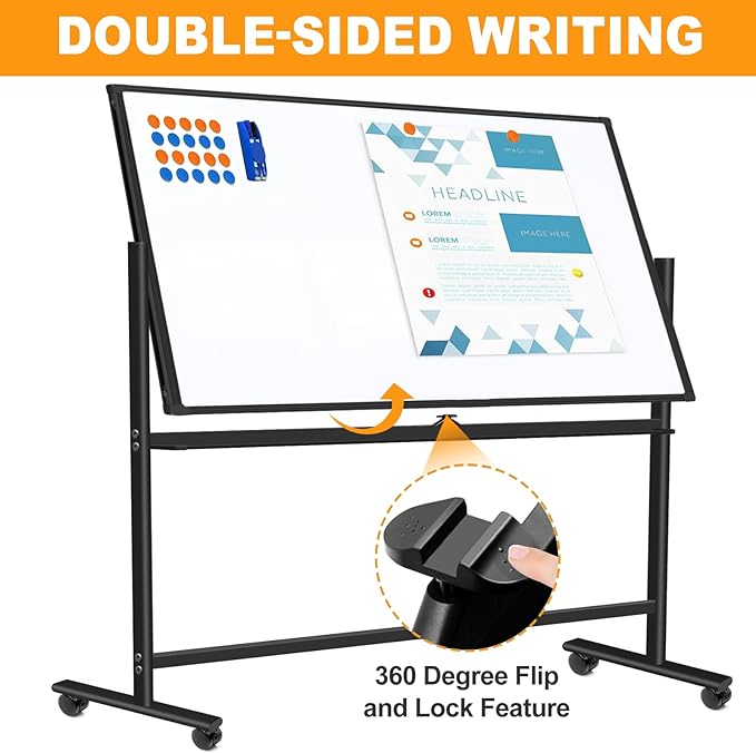 Rolling Whiteboard on Wheels 72"x48", Double-Sided Dry Erase Board with Stand, Big White Board with Stand Portable Magnetic Mobile White Board with 2 Eraser, 6 Markers, 20 Magnets