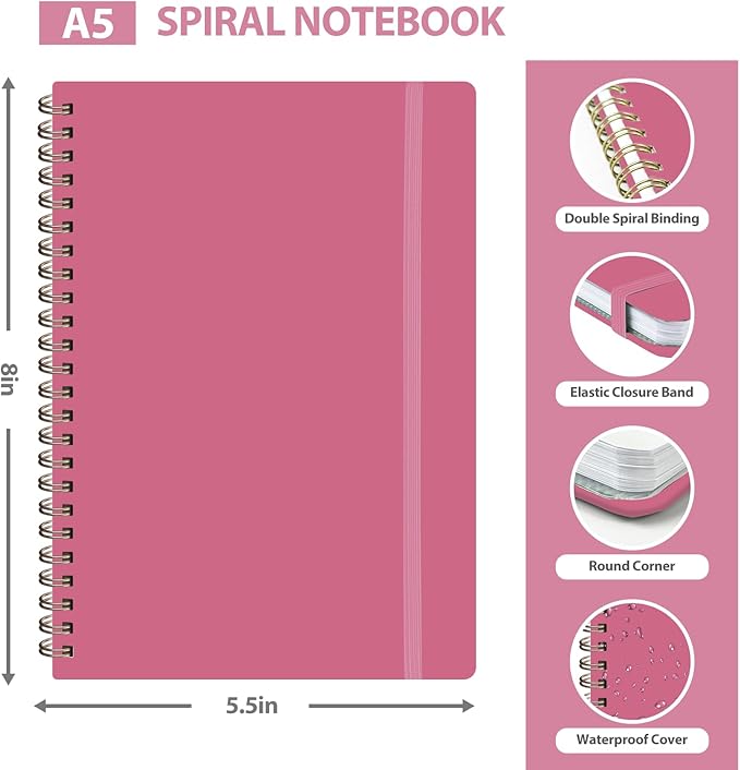 VALOME Journaling Notebooks, A5 Lined Spiral Notebook for Women & Men, 146 Pages College Ruled Hardcover Note Book for Work, Note Taking, Journaling, School, Writing (Rose Pink)