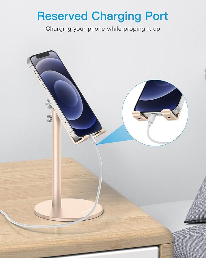 OMOTON Cell Phone Stand, Angle Height Adjustable Phone Stand, Aluminum Desktop Phone Holder Dock Stand for Desk, Compatible with iPhone 17 Pro Max, All Smartphones and Tablets(4-11''),Gold
