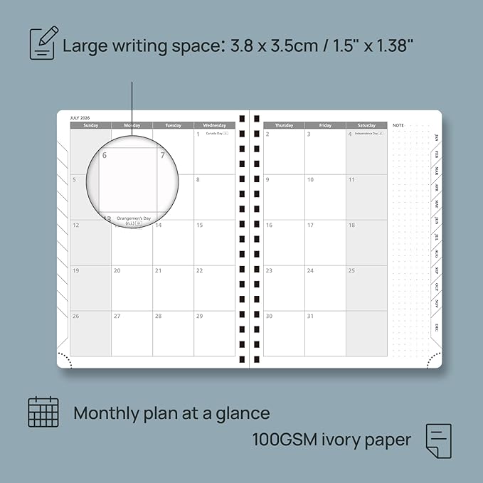 POPRUN 2026 Planner Weekly Notebook (Jan-Dec), Medium 8.5''x 6.5'' - Agenda 2026 Calendar Book with Monthly Tabs, Inner Pocket, Spiral Soft Cover, 100 GSM TJ - Brown