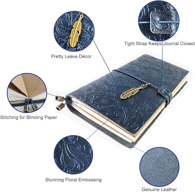 Refillable Leather Journal, Handmade Blue Leather Notebook with Bookmark for Men & Women, Vintage Leather Notepad Sketchbook Perfect for Writing, Gifts, Travelers (Blue, Standard)