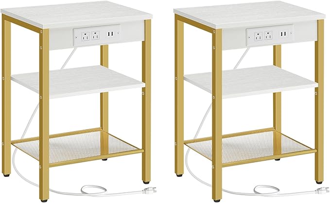 HOOBRO Side Tables Set of 2 with Charging Station and USB Port, Small End Tables for Small Space, 3-Tier Nightstands with Adjustable Shelf, for Living Room, Bedroom, White and Gold DW112BZP201G1