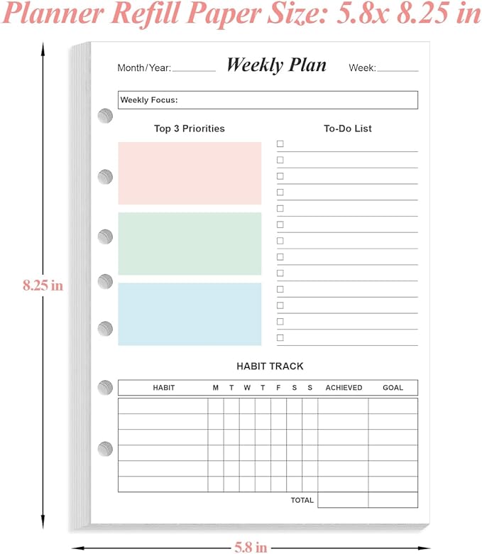 (2-PACK) Weekly Planner Refills for 3 or 7 Ring Mini Binders - 106 Sheets/212 Pages Undated Colorful Weekly Planner, 100 gsm White Paper, Lasts 2 Year, Undated, 5.8" x 8.3"