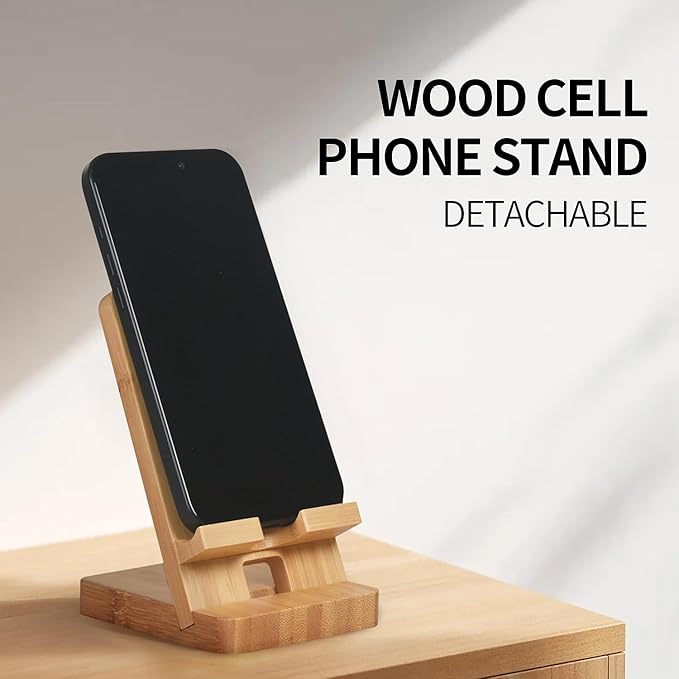 Wood Phone Stand, Desktop Wooden Phone Holder, Portable Office Phone Stand for Desk, Wood ipad Stand, Compatible with iPhone & All Cell Phones (Bamboo)