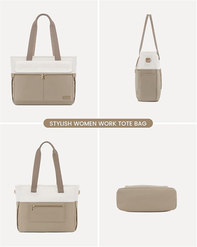LOVEVOOK Upgrade Version Work Bags for Women 15.6 Inch Laptop Bag Large Capacity Mutiple Pockets Teacher Bag Water Resistant Canvas Tote Bag Purse for Office Travel College Nurse Teacher, Khaki Beige