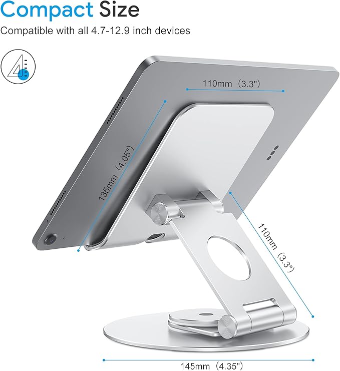 OMOTON T6 Swivel Tablet Stand for iPad with 360 Rotating Base, Foldable Adjustable Holder for Drawing, Compatible with iPad Pro/Air/Mini and More, Silver