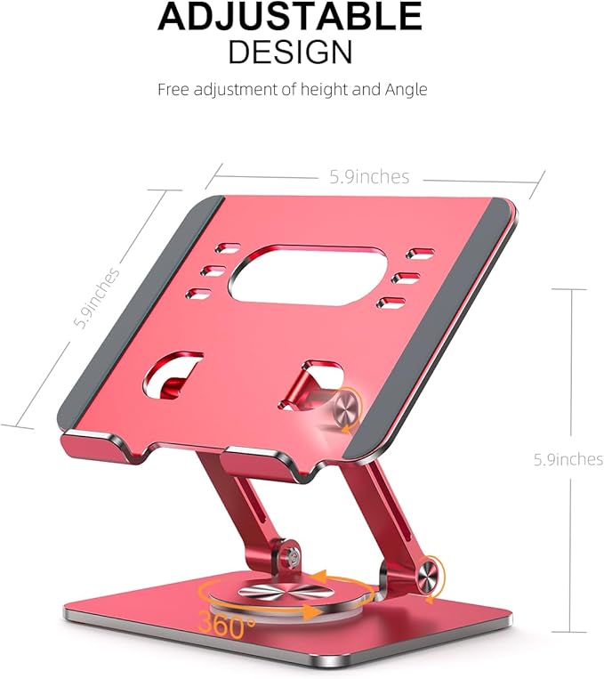 Tablet Stand Holder with Thickened 360°Rotating Base Dual Rod Adjustable Aluminum Stand for All 5.8-12.9” iPad Samsung Phone Tablet Kindle E-Reader and More, Red