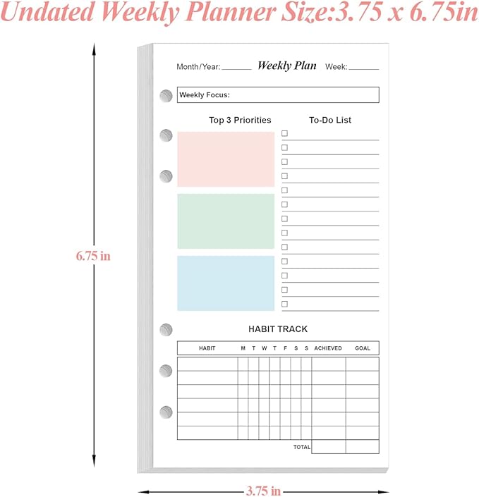 (2-Pack) A6 Weekly Planner Refills for Filofax Personal Binders, 106 Sheets/212 Pages Undated Colorful Weekly Planner, 6-Hole Punched, 100 gsm White Paper, Last 2 Year, 3.75" x 6.75"