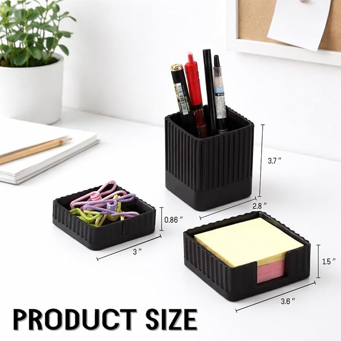 Aesthetic Concrete Desk Organizer Set of 3 - Stylish & Durable Office Accessories - Includes Pen Holder, Paperclip Storage, and Sticky Note Holder for a Clean, Modern Workspace (Black)