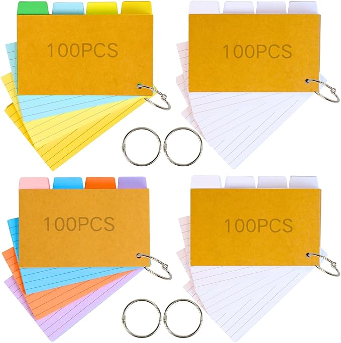 Tabbed Index Cards with Ring 3x5, Lined Colored Flash Card with Tabs, Assorted Colors Thicken Notecards School Supplies for Students Study Note Office Essentials (ColorA+ColorB+2White, 400PCS)