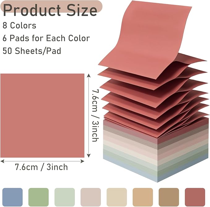 48 Pack Pop Up Sticky Notes 3x3, 8 Bright Colors Accordion Sticky Notes Bulk, Self Sticky Notes Pads for School, Office Supplies, Desk Accessories, Morandi