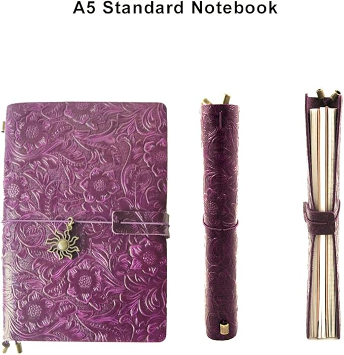 Refillable Leather Journal, Handmade Notebook with Bookmark for Men & Women, Vintage Notebook perfect for writing, gifts, travelers (Purple, A5)
