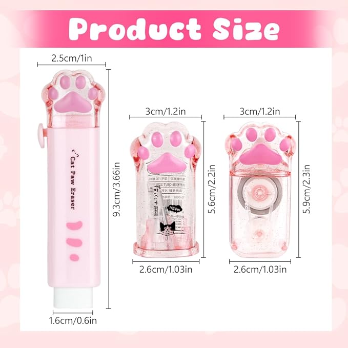 6 Pcs Cat Paw Stationery Set, Kawaii School Supplies, Including 2 Cute Pencil Sharpeners, 2 Retractable Eraser and 2 Correction Tape for Kids Office School Home (6Pcs)