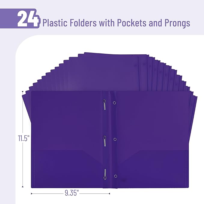 Mr. Pen- Plastic Folders with Pockets and Prongs, 24 Pack, Letter Size, Purple, Flexible Plastic Folders with Prongs