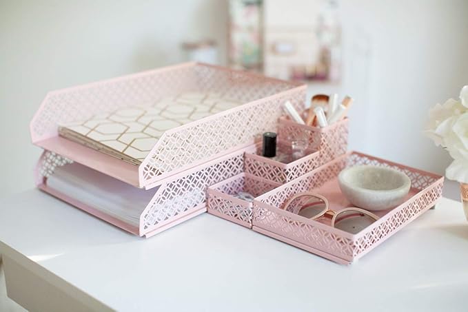 BLU MONACO Pink Desk Organizer Set for Women | 6-Piece Interlocking Office Supplies Set with Pen Cup, Accessory Trays & Letter Trays | Pink Room Decor for Workspace, Home Office & Study Areas