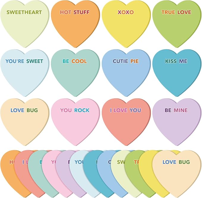 Teling 24 Pack Valentine's Day Sticky Notes Heart Shape Sticky Notes 3 x 3 Inch Love Theme Notepads Bulk Cute Memo Pads for Galentines Party Gifts School Office Supplies (Pastel)
