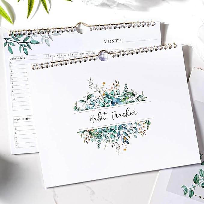 Habit Tracker Calendar - 12 Months Undated Daily Planner, 8"x10", Weekly & Monthly Period Habit Tracker Journal, Floral, Spiral Binding with Writable Goals Habits Track
