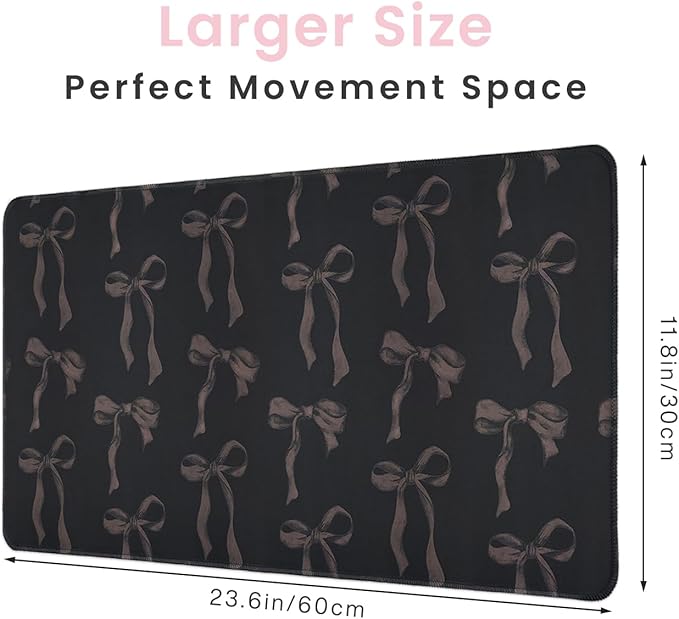 Black Bow Mouse Pad, Cute Bow Desk Mat Black Computer Mat Keyboard Pad, Non-Slip Rubber Base Large Bows Laptop Pad Desk Pad, Office Accessories Desktop Decor for Girls Women 23.6 x 11.8 Inch