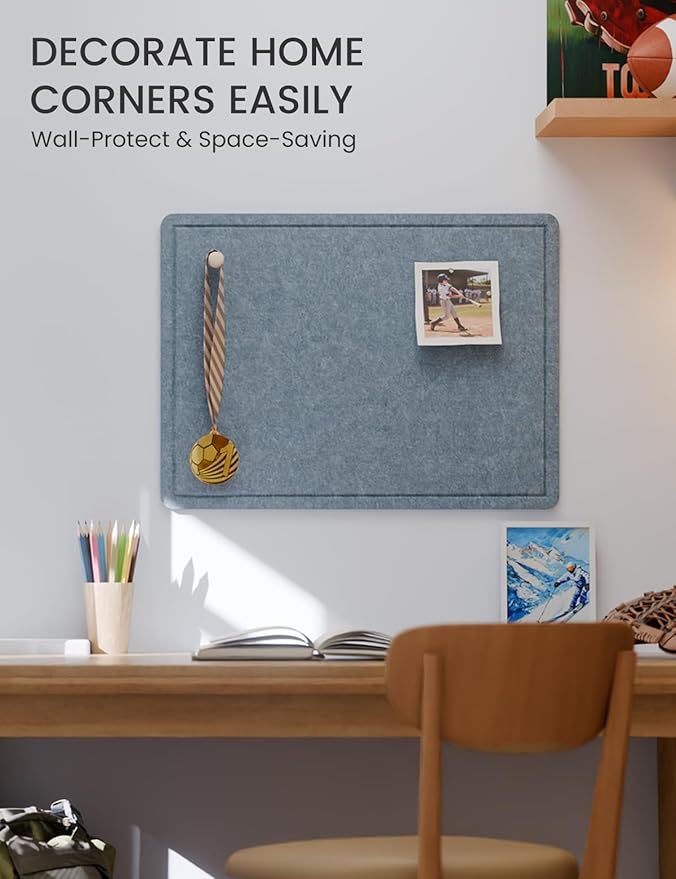 Fluxynara Bulletin Board, 23.6" x 17.5" Cork Board Alternative with 12 Safe Removable Adhesive Tabs, Foldable Felt Pin Board for Home Office, Classroom, Bedroom,Entryway for Walls— Blue Gray