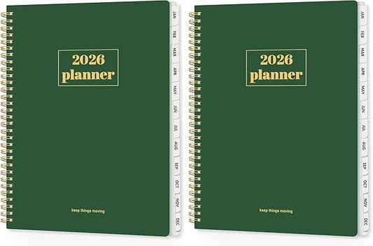 SUNEE 2026 Planner, Weekly and Monthly Calendar Planner, January 2026-December 2026, Daily Agenda with Tabs, Note Pages, Spiral Binding, 8.5"x11", Deep Green (Pack of 2)