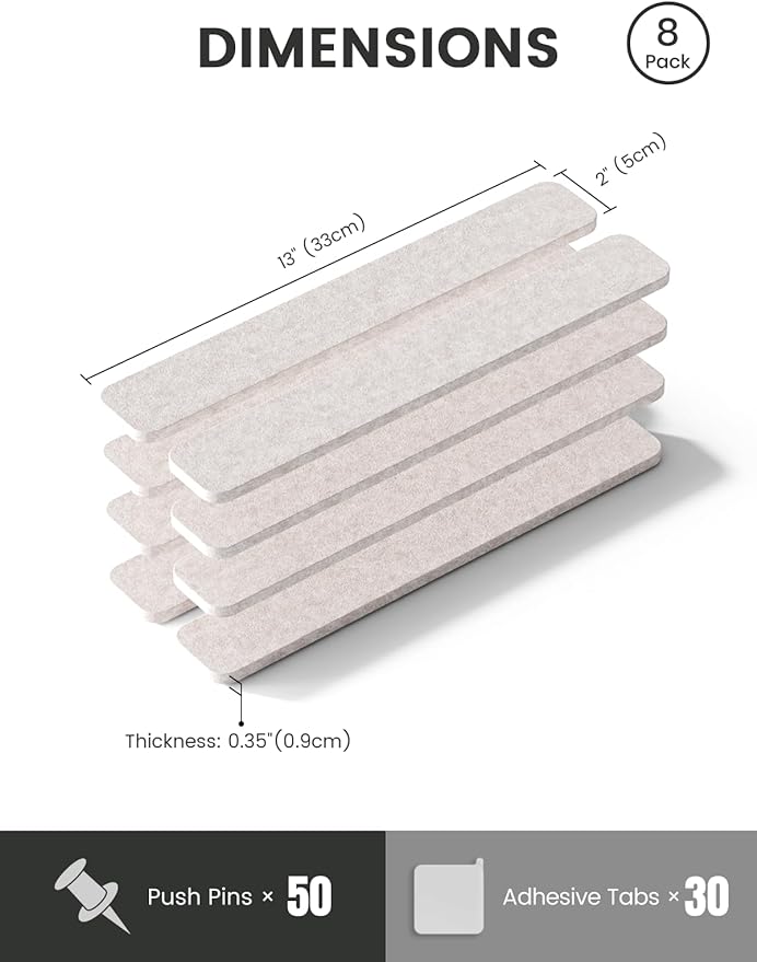 Fluxynara Cork Board Alternative Felt Strip Board 8-Pack 13"x2", Office Pin Board with 50 Push Pins, Adhesive Install for Bedroom Door & Home Office(Oatmeal)