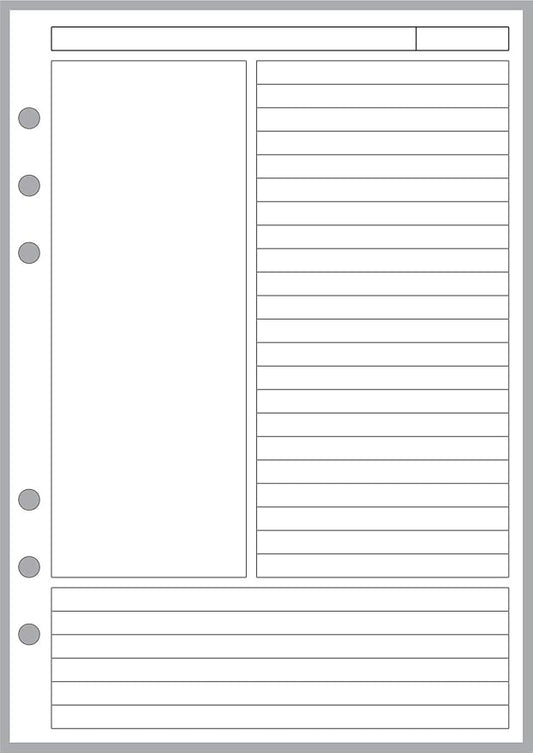 A5 Size Cornell-Style Notes Pages, Sized and Punched for 6-Ring A5 Notebooks by Filofax, LV (GM), Kikki K, TMI, and Others. Sheet Size 5.83" x 8.27" (148mm x 210mm)