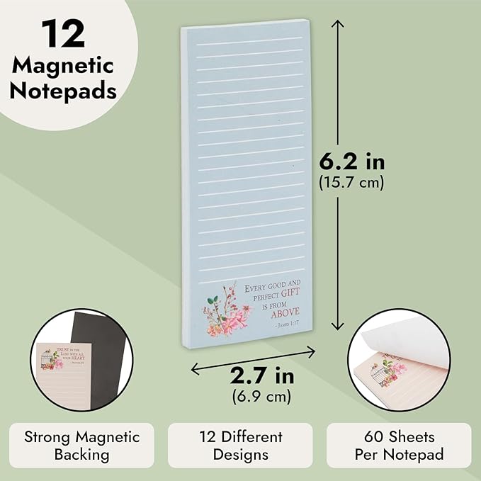 Juvale Fridge Magnets Christian Notepads - 2.75 x 6.25 In, Multicolor, 12-Pack - To-Do & Grocery List Notepad - Religious Gifts