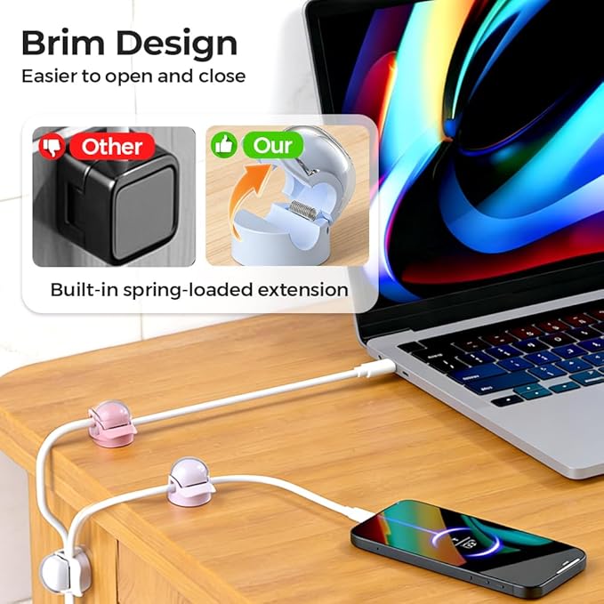 Magnetic Cable Clips, Adjustable Cord Holder for Under Desk Cable Management, Adhesive Wire Organizer for Home Office Desk Wall Car, Cord Keeper for Phone Charger & Cables (Purple 6PCS)