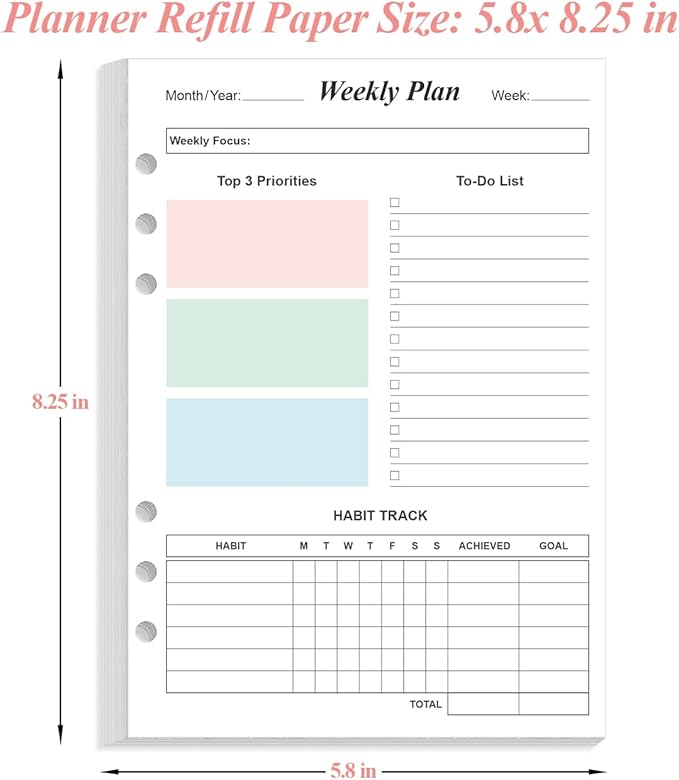 (2-Pack) Weekly Planner Refills for A5 Binders - 106 Sheets/212 Pages Undated Colorful Weekly Planner, 6-Hole Punched, 100 gsm White Paper, Lasts 1 Year, Undated, 5.8" x 8.3"
