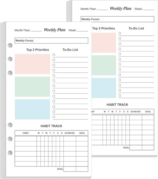 (2-Pack) A6 Weekly Planner Refills for Filofax Personal Binders, 106 Sheets/212 Pages Undated Colorful Weekly Planner, 6-Hole Punched, 100 gsm White Paper, Last 2 Year, 3.75" x 6.75"